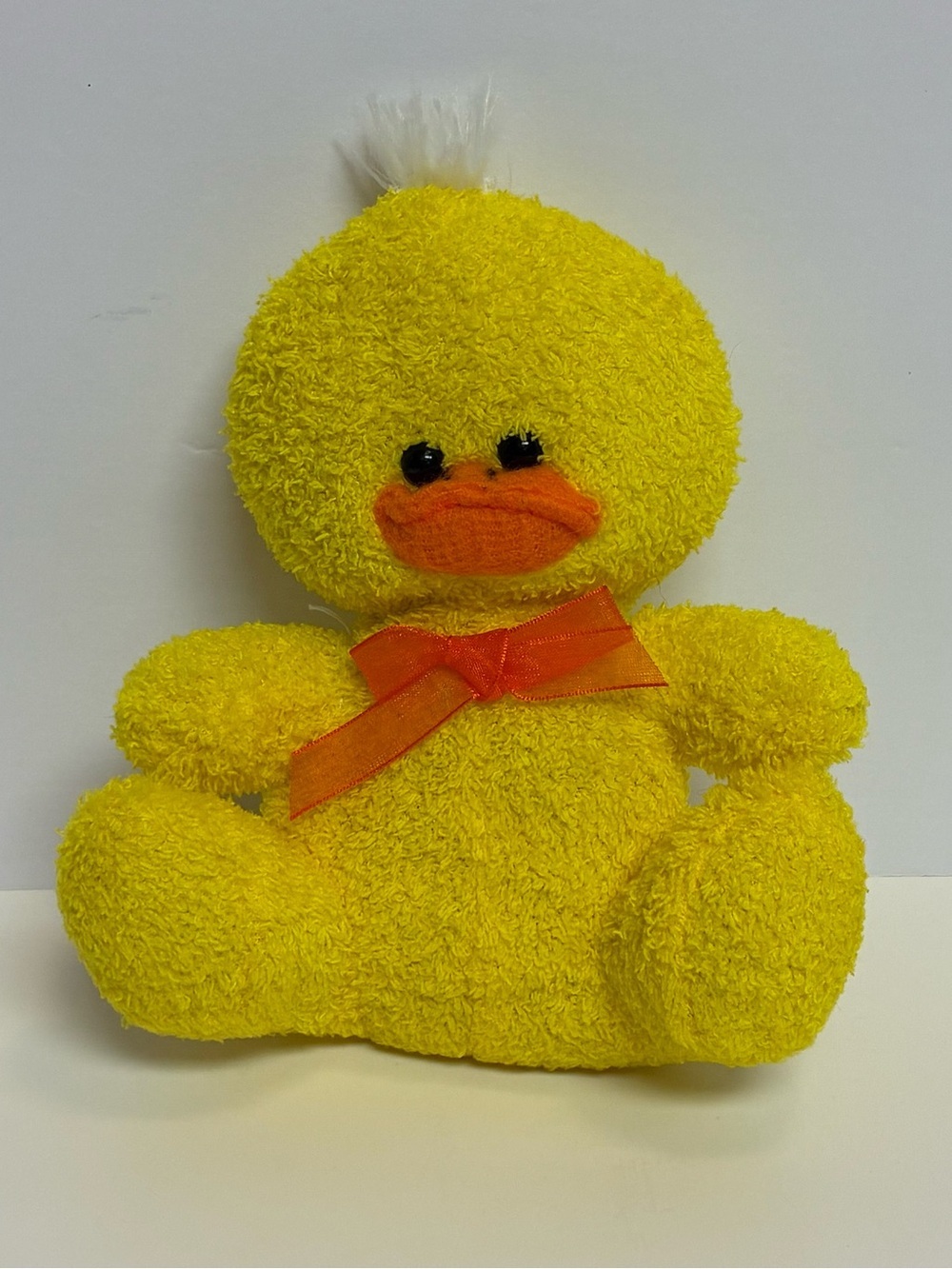 Duck Plush with Bow Yellow Tuft of White Hair Soft 7 in.